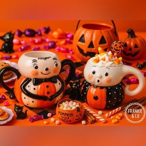 Johanna Parker Halloween Ghost & Pumpkin Spider Mug Set Rare Ceramic NWT